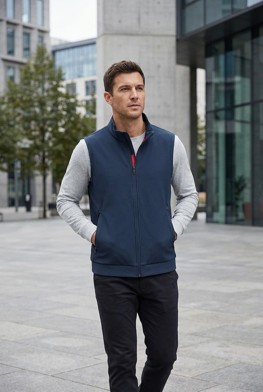 Casual Stand Collar Vest with Zipper – Navy Blue Cotton Blend