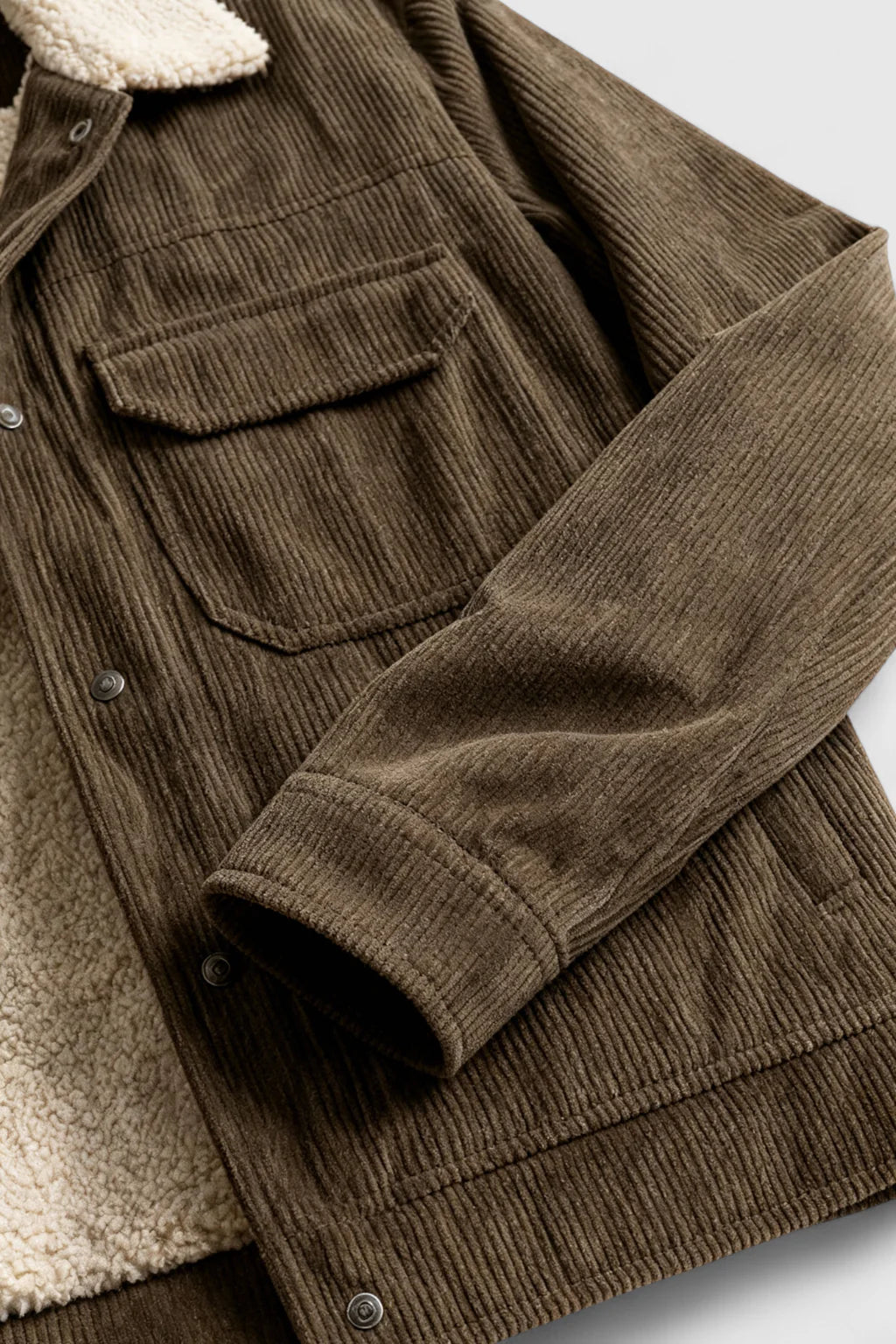 Men's Corduroy Jacket with Sherpa Collar and Snap Buttons - Coffee Brown