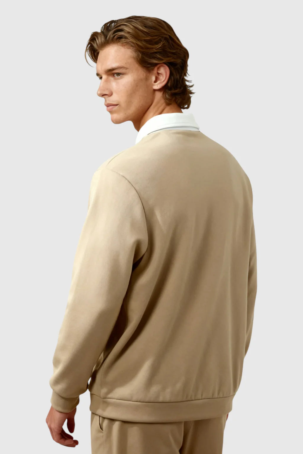 Men's Sweatshirt with Contrast Collar and Polo Neck – Beige