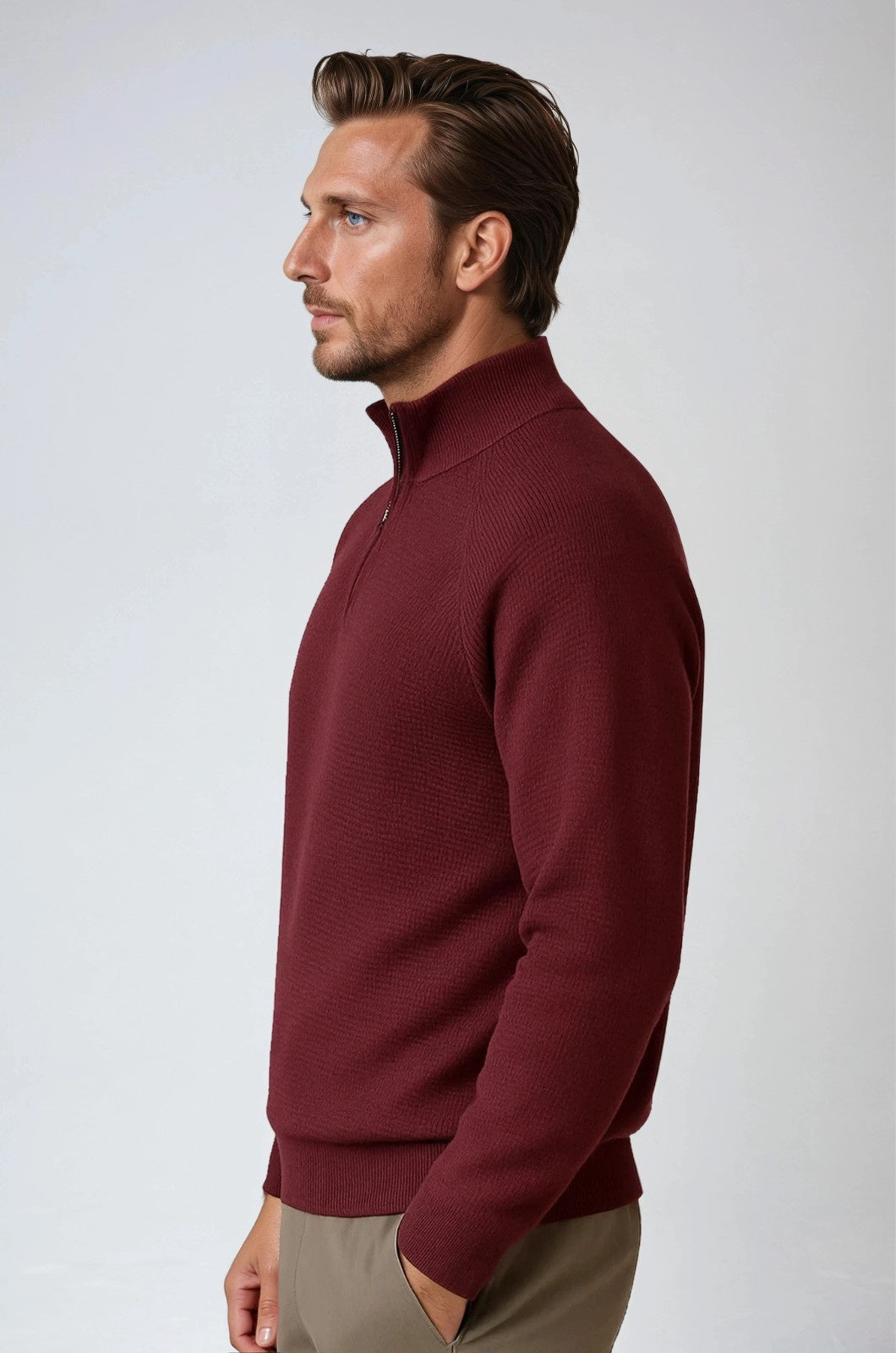 Men's Half-Zip Sweater with Stand-Up Collar – Burgundy