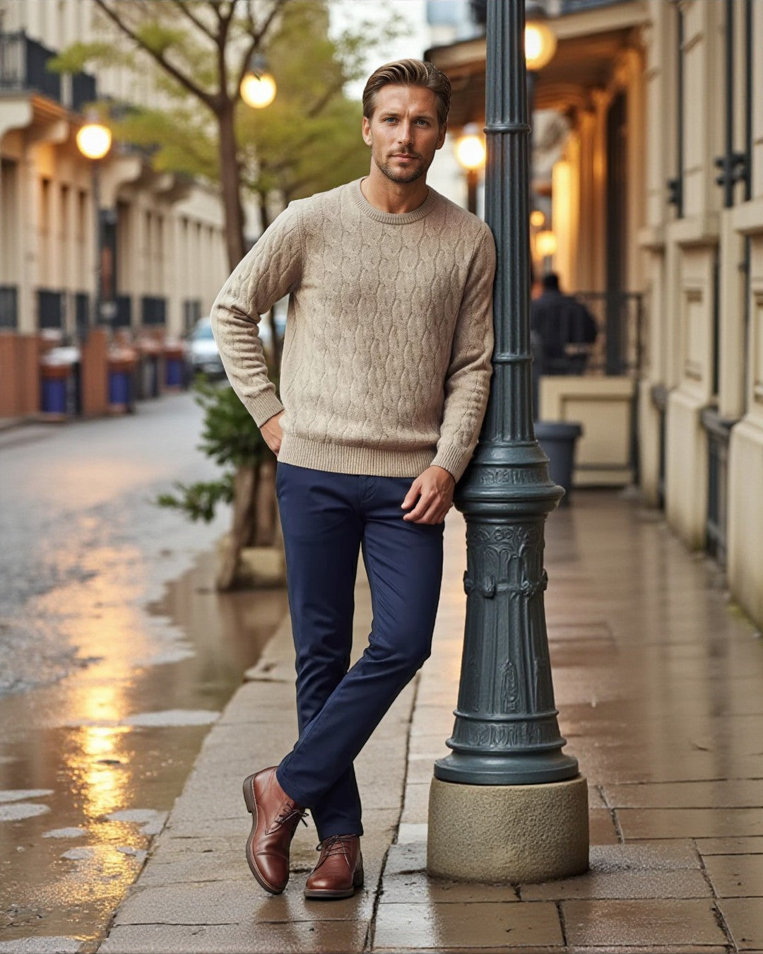 Luciénte Cable-Knit Wool Crewneck Sweater - Beige