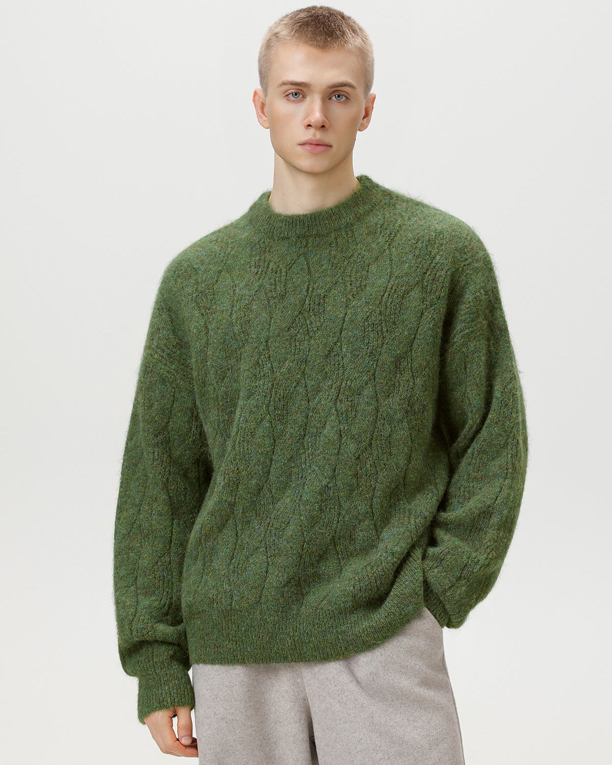 Oversized Cable-Knit Wool Blend Crewneck Sweater