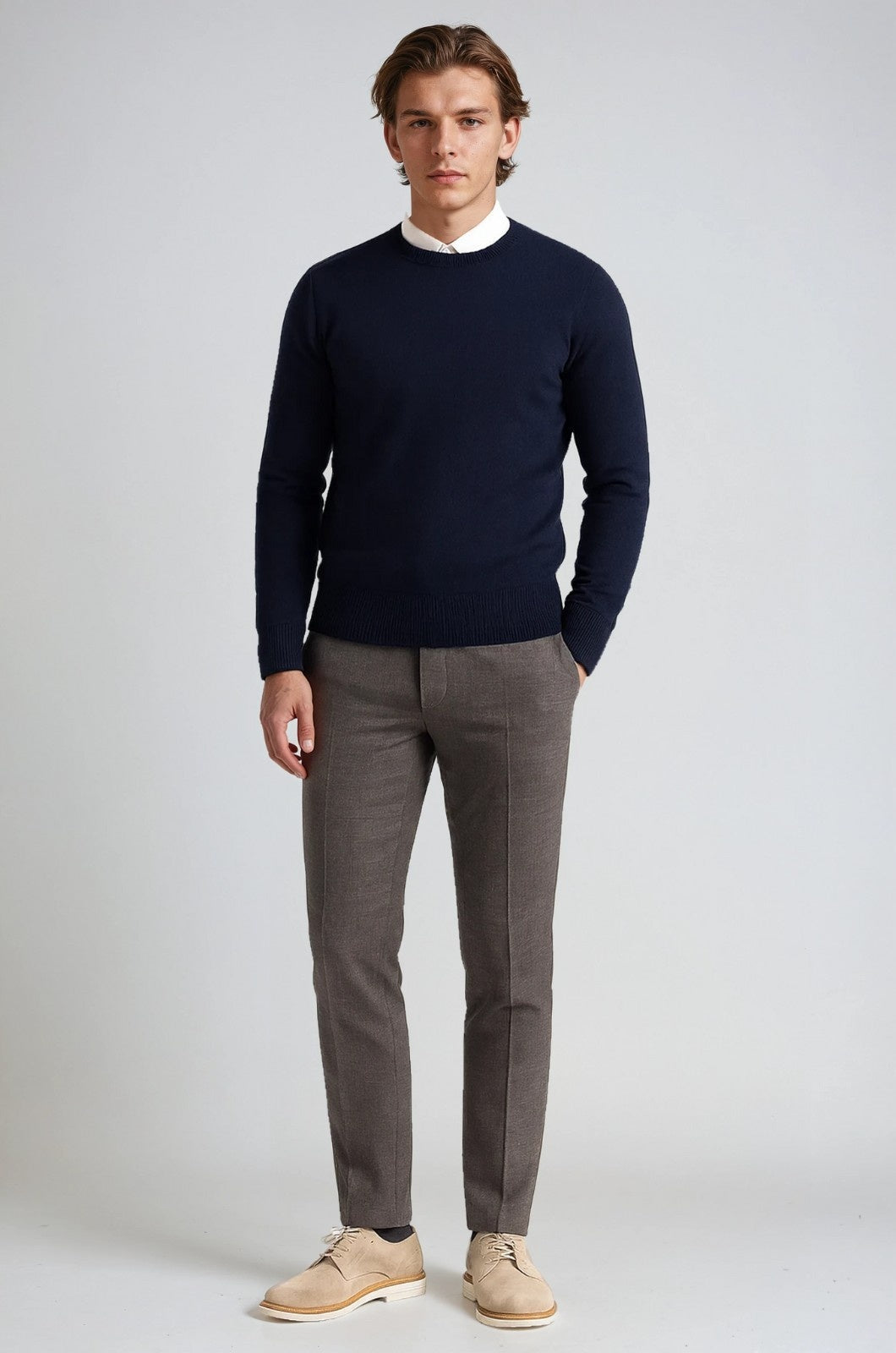 Men's Classic Crew Neck Pullover Sweater – Solid Color, Ribbed Details, Casual Fit – Navy