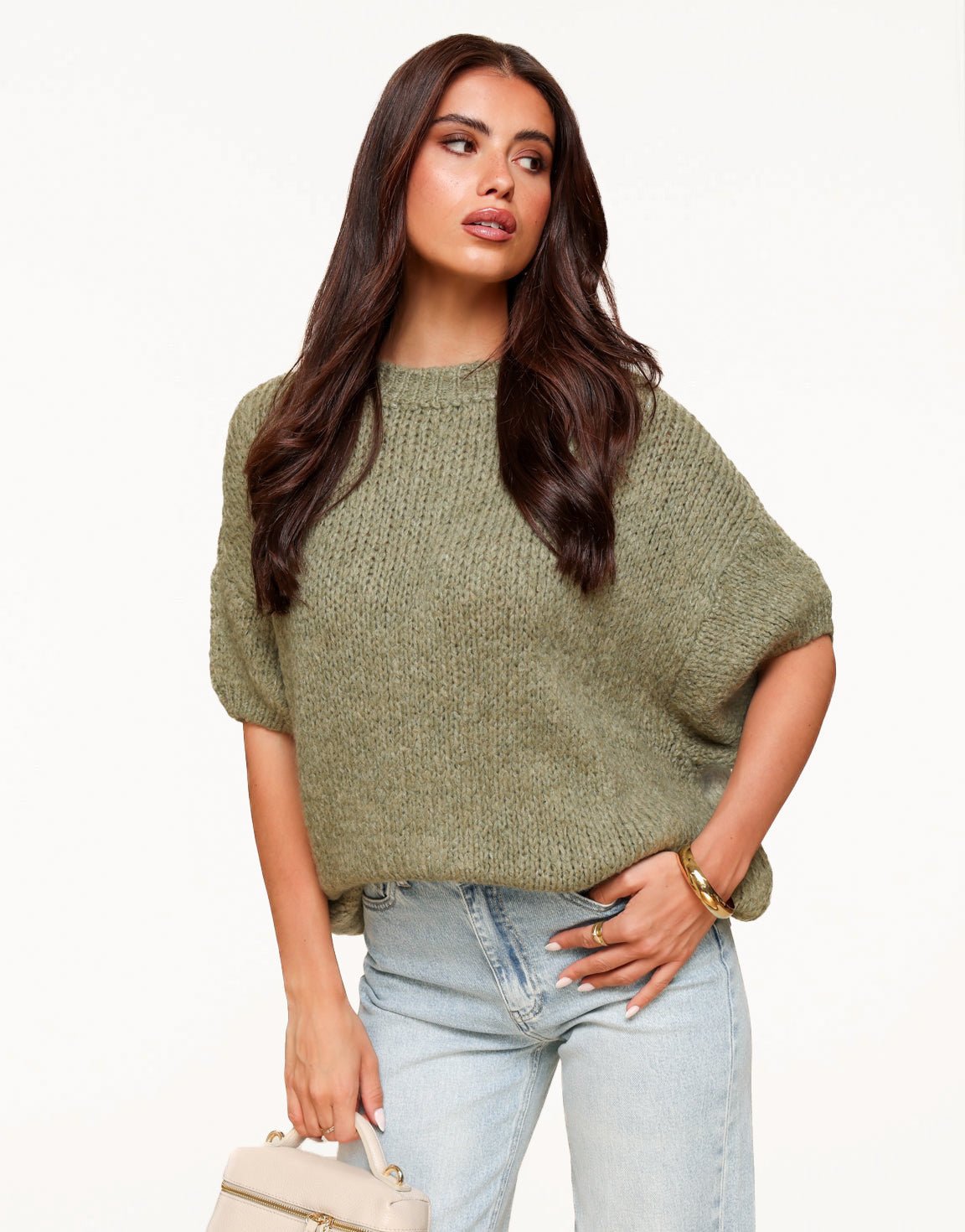 Army Green Knitted Wool 3/4 Sleeve - Sweater