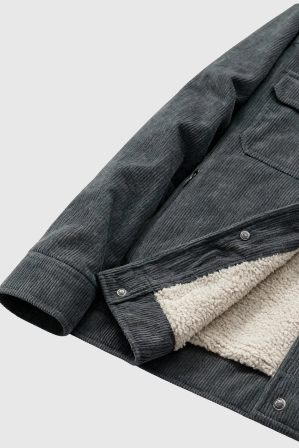 Men's Corduroy Jacket with Sherpa Collar and Snap Buttons - Dark Charcoal Gray