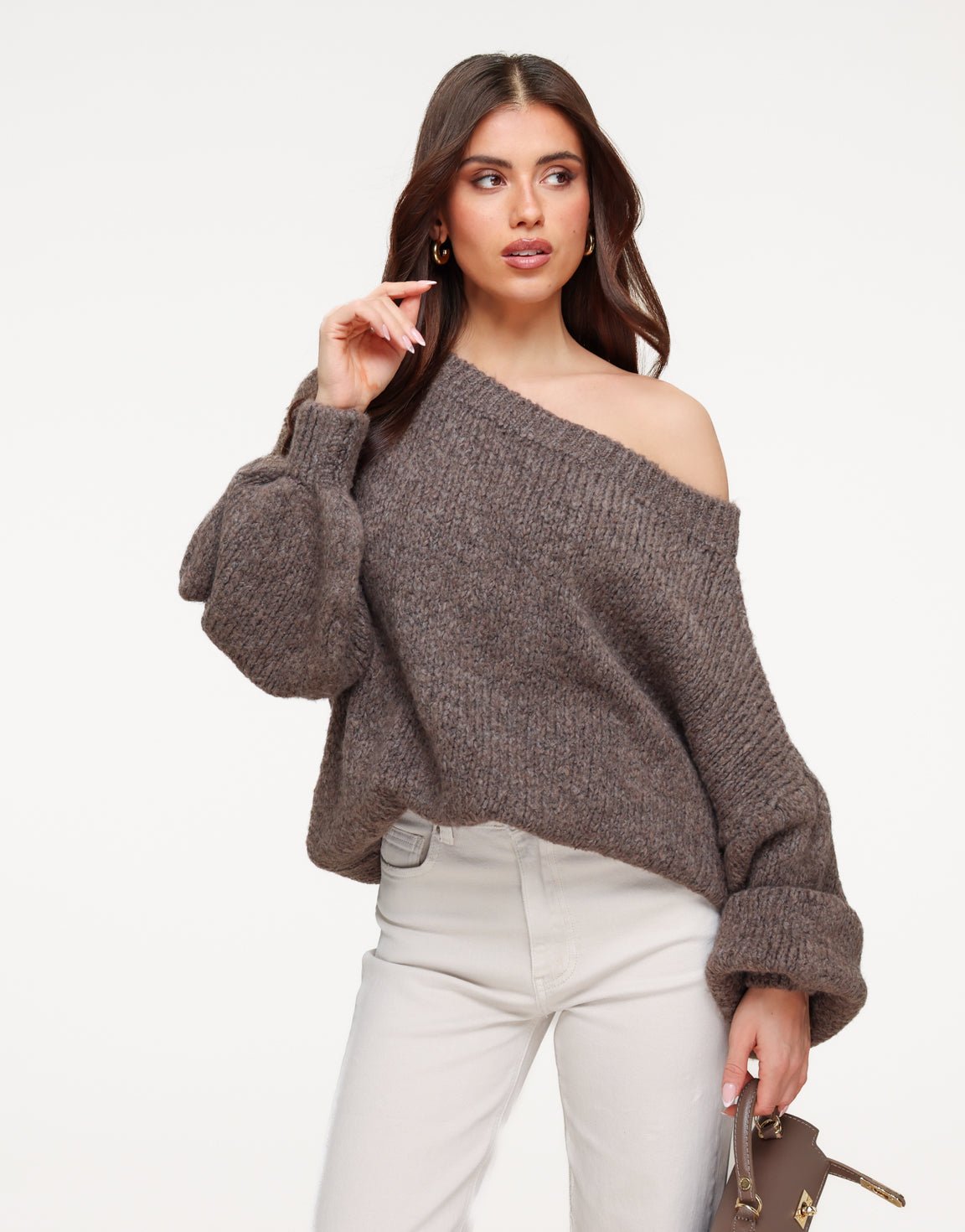Dark Taupe Knitted Off Shoulder - Sweater