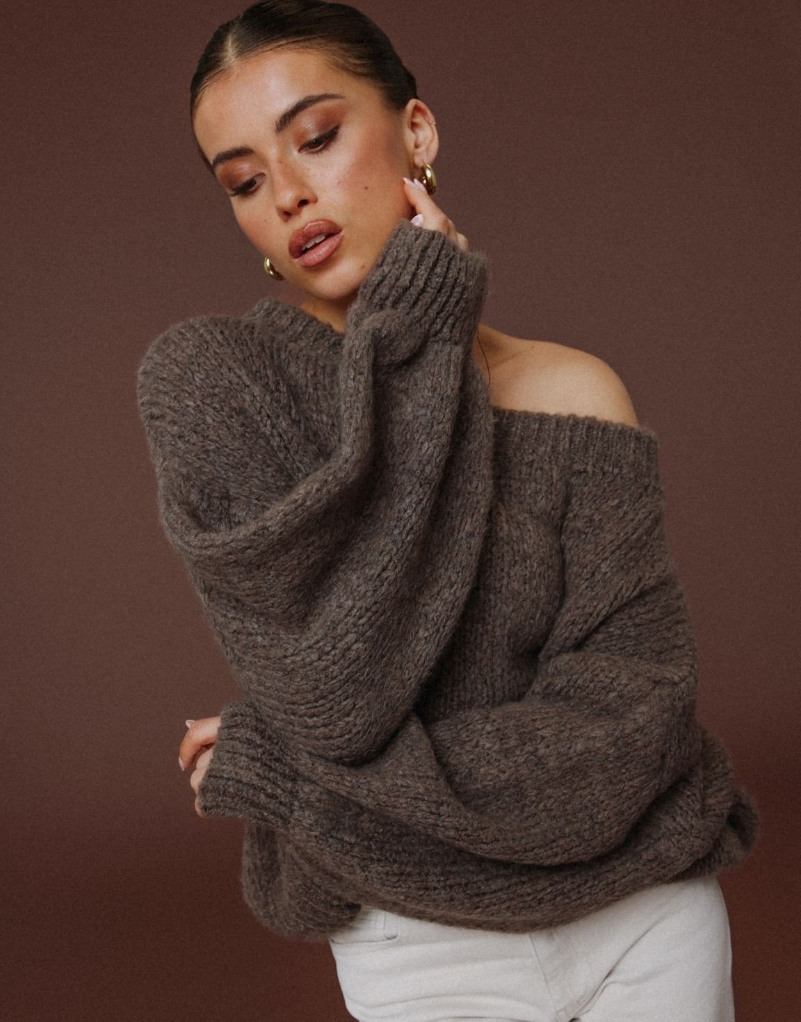 Dark Taupe Knitted Off Shoulder - Sweater