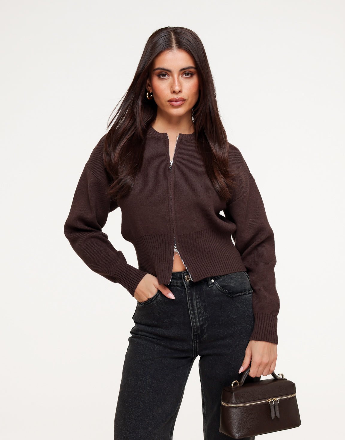 Dark Brown Knitted Zip - Cardigan