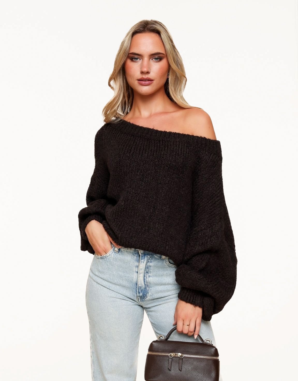 Dark Brown Knitted Wool Off Shoulder Sweater