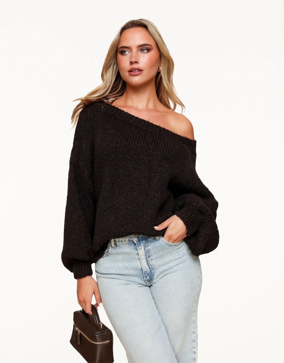 Dark Brown Knitted Wool Off Shoulder Sweater