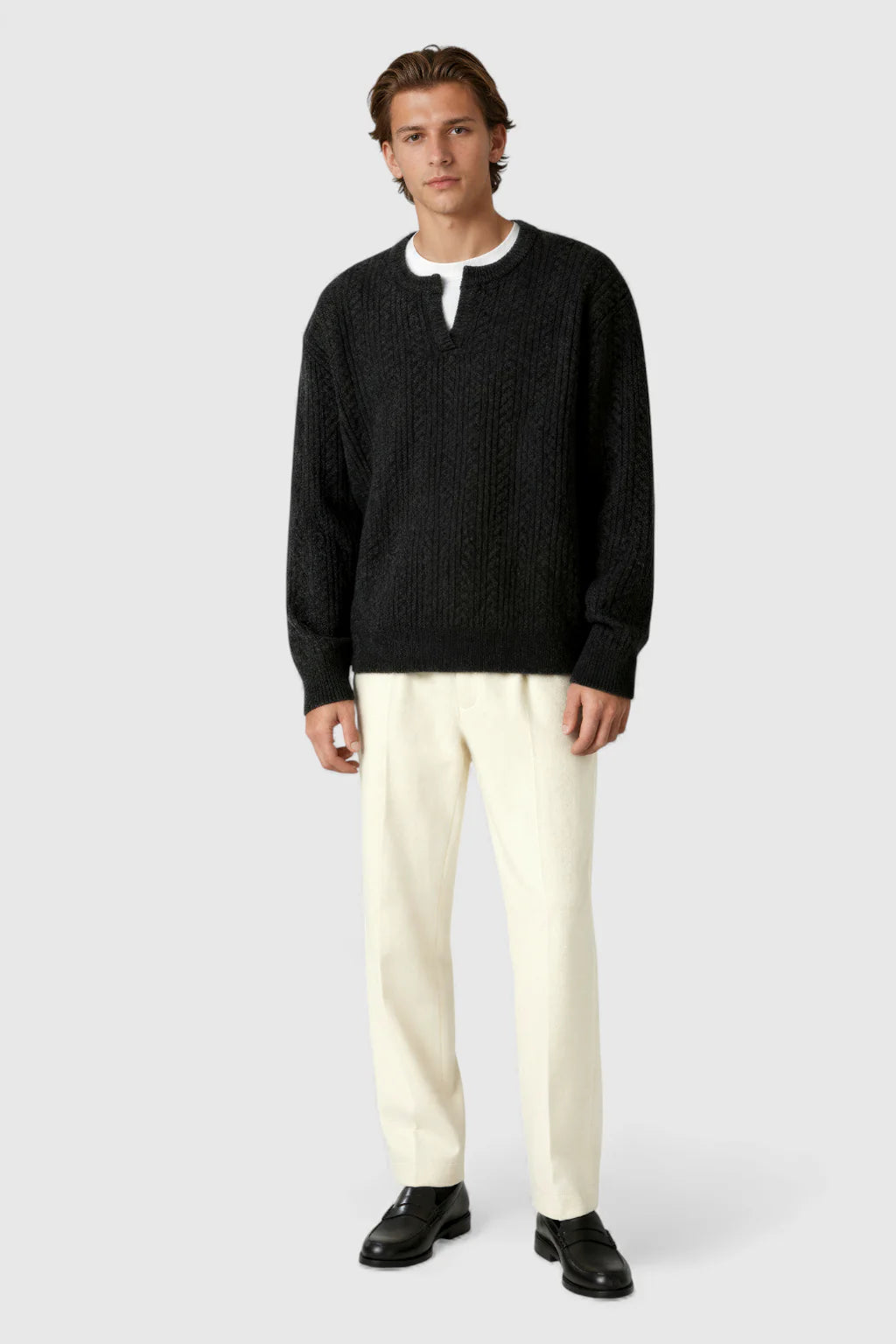 Men's Cable Knit Sweater with Small V-Neck – Graphite Black