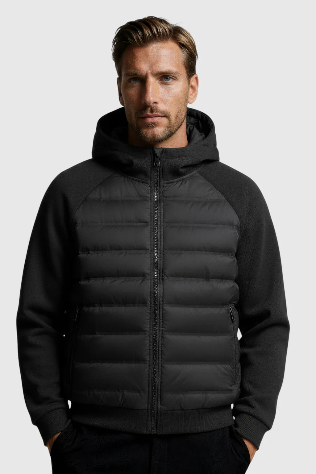 Loose Fit Hooded Jacket with Down – Black