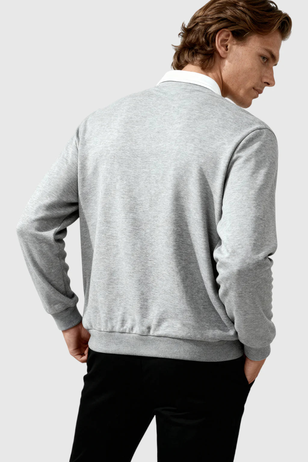 Men's Sweatshirt with Contrast Collar and Polo Neck – Gray