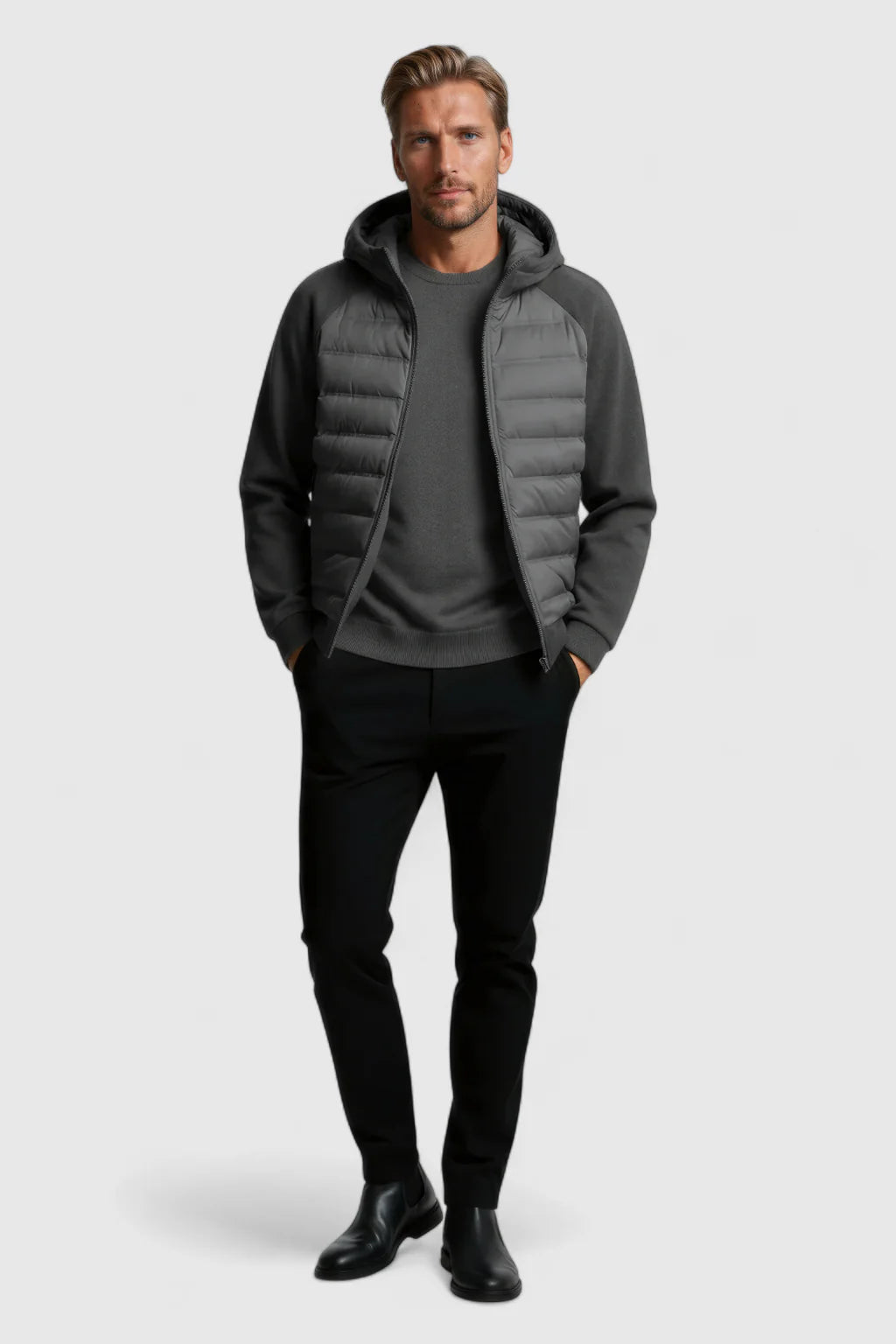 Loose Fit Down Jacket with Hood – Charcoal Gray
