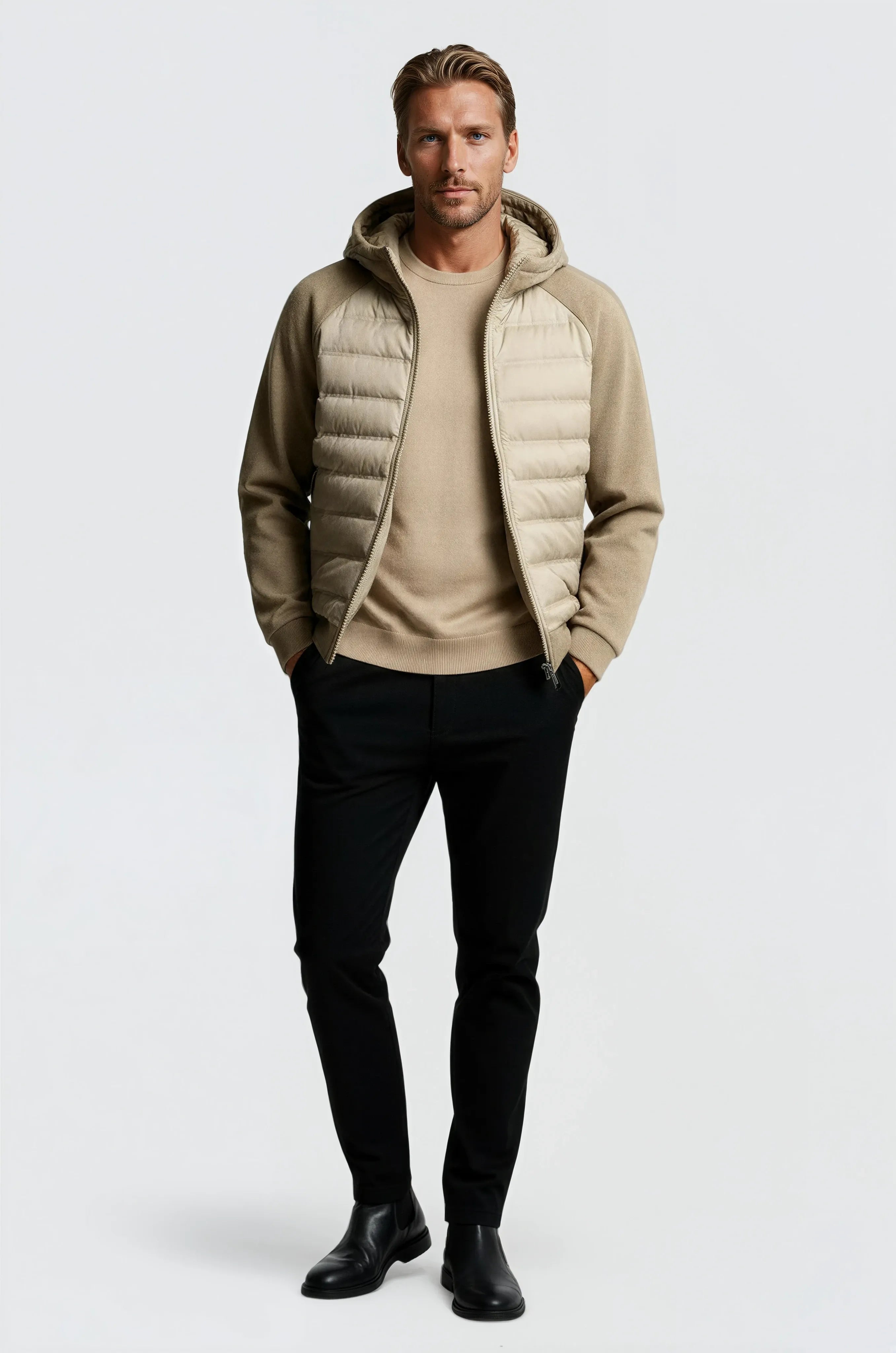 Loose Fit Hooded Jacket with Down – Khaki Beige