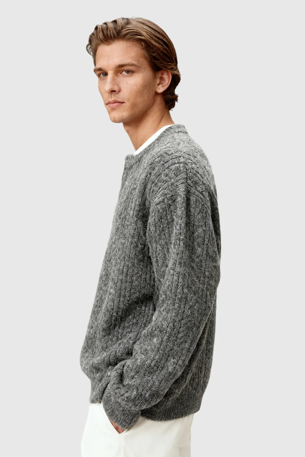Men's Cable Knit Sweater with Small V-Neck – Taikoo Gray