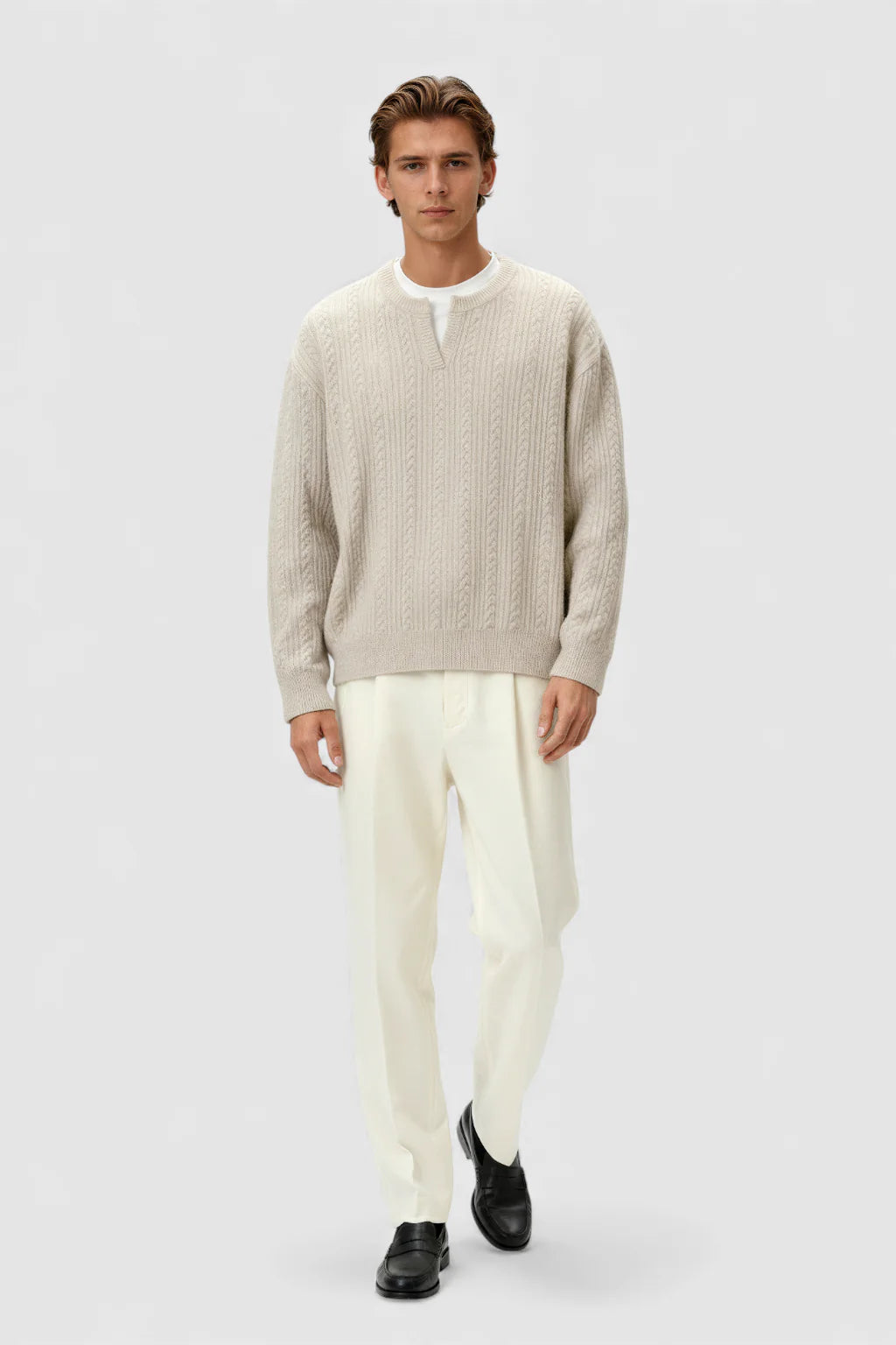 Men's Cable Knit Sweater with Small V-Neck – Oatmeal