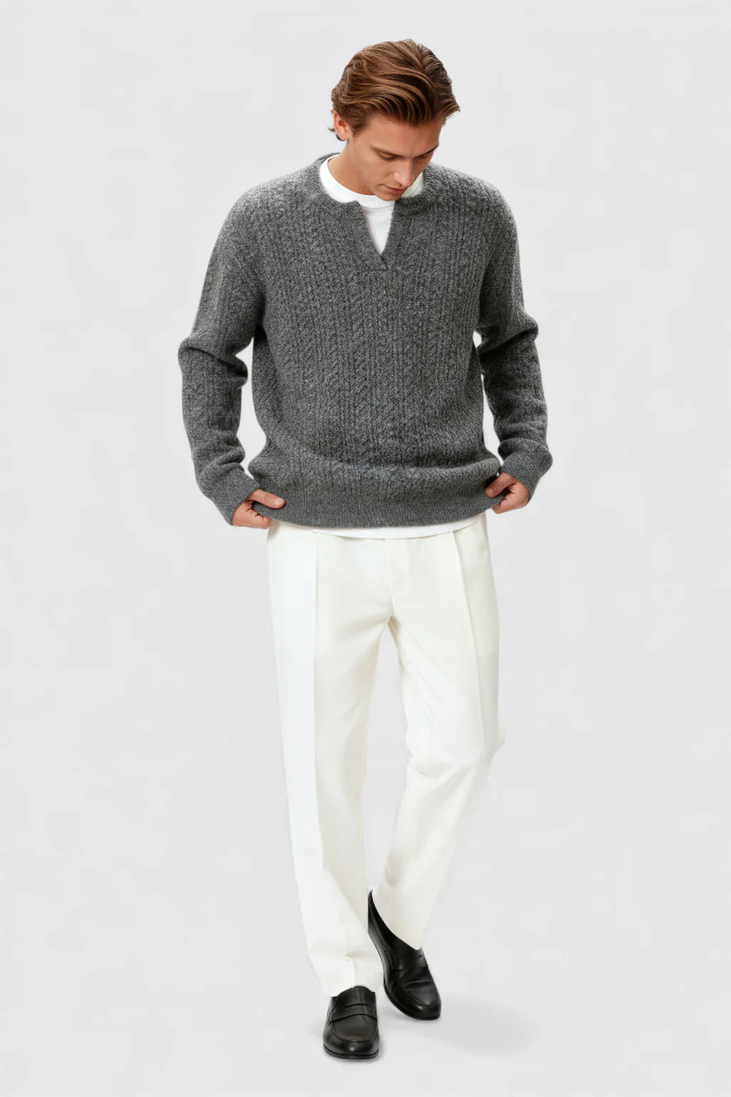 Men's Cable Knit Sweater with Small V-Neck – Taikoo Gray