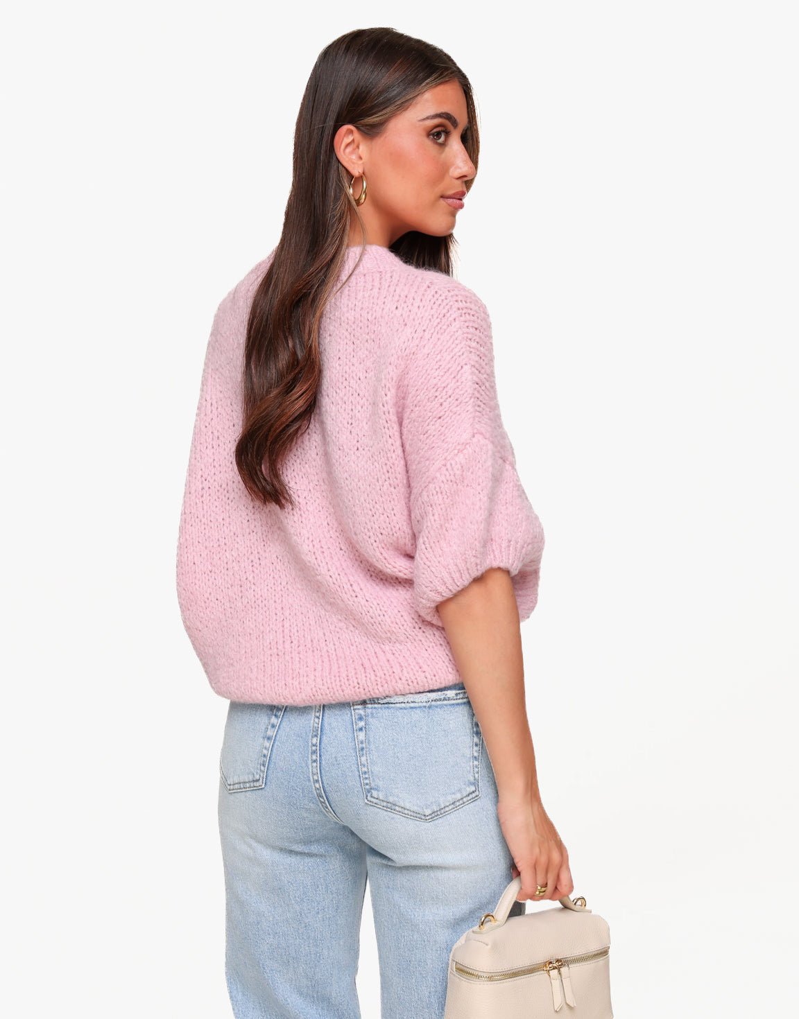Light Pink Knitted Wool 3/4 Sleeves - Sweater