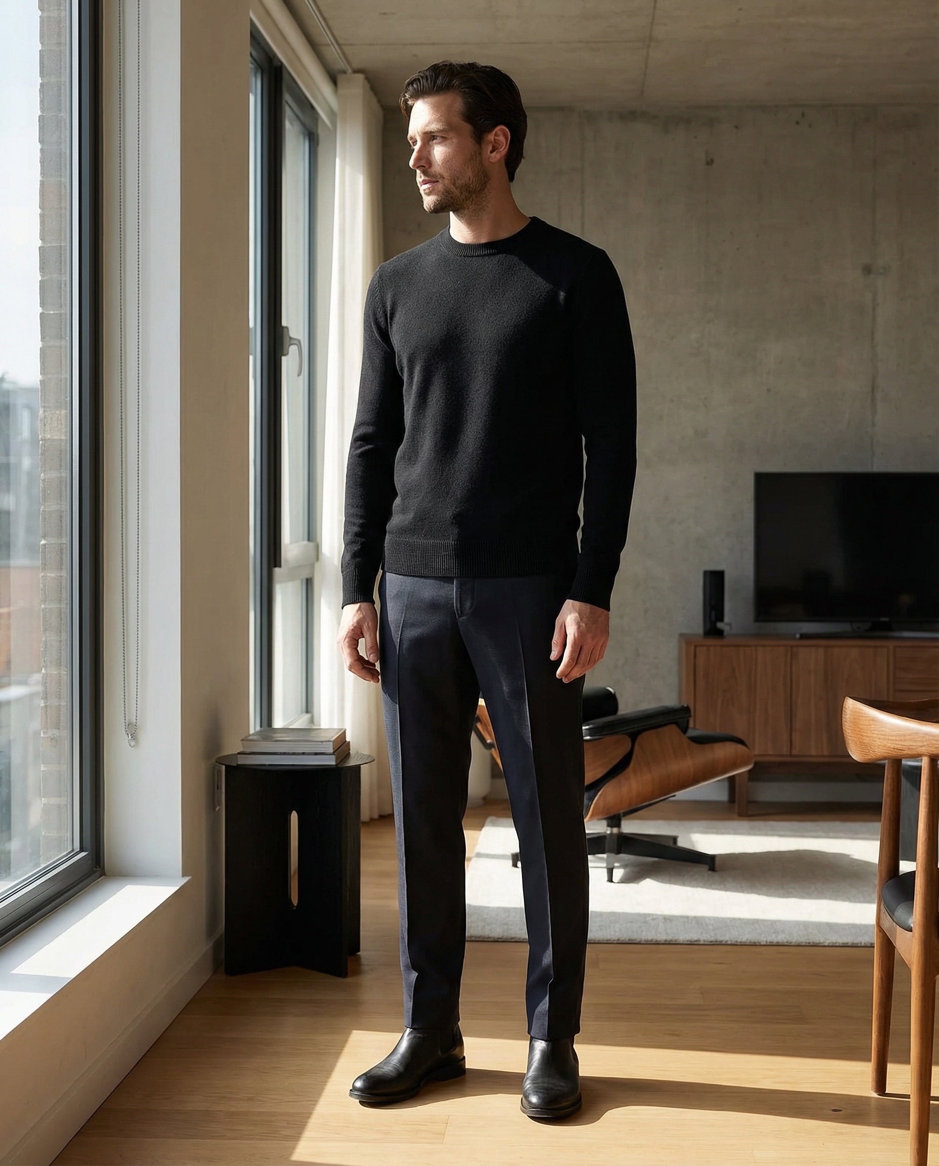 Men's Classic Crew Neck Pullover Sweater – Solid Color, Ribbed Details, Casual Fit – Black