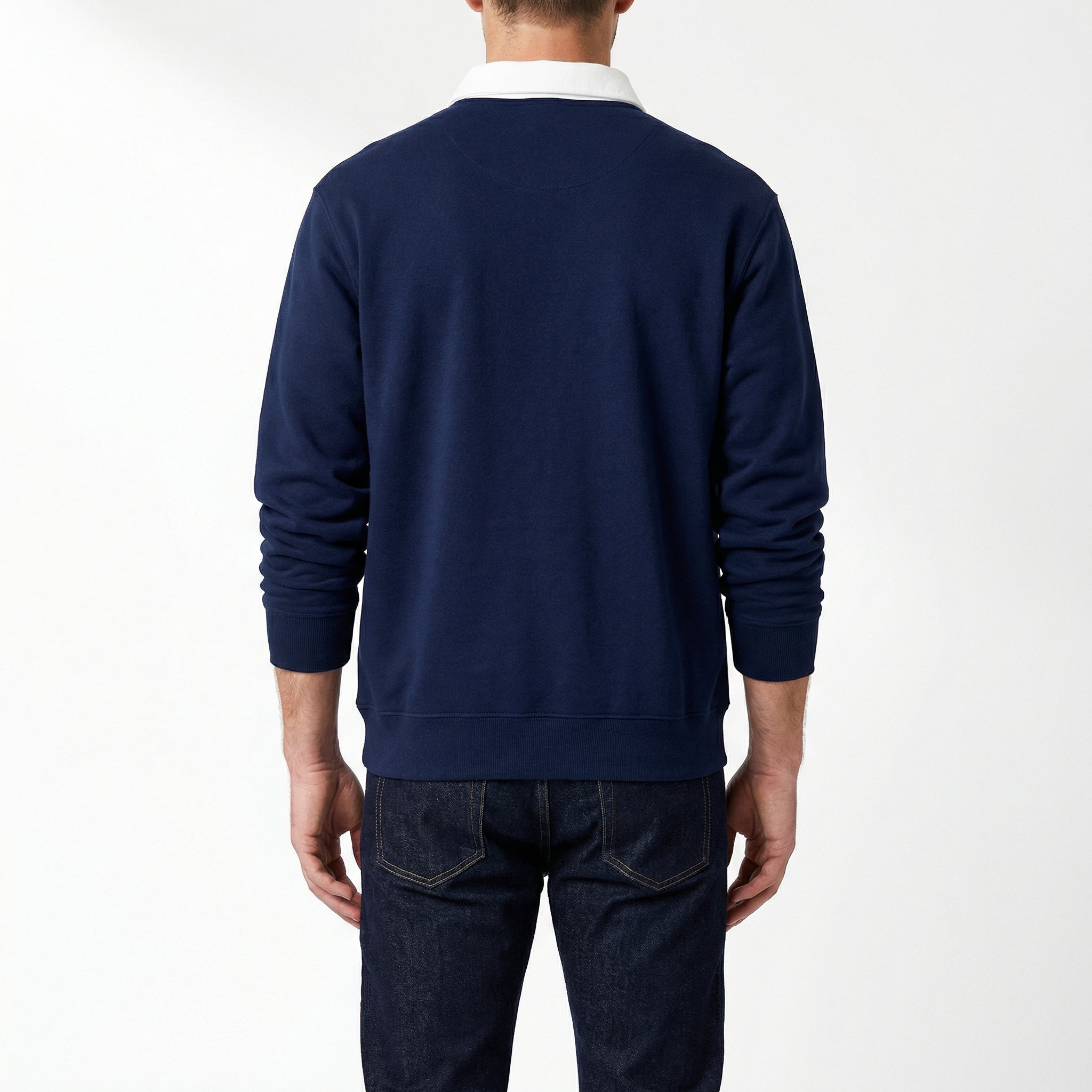 Men's Sweatshirt with Contrast Collar and Polo Neck – Dark Blue