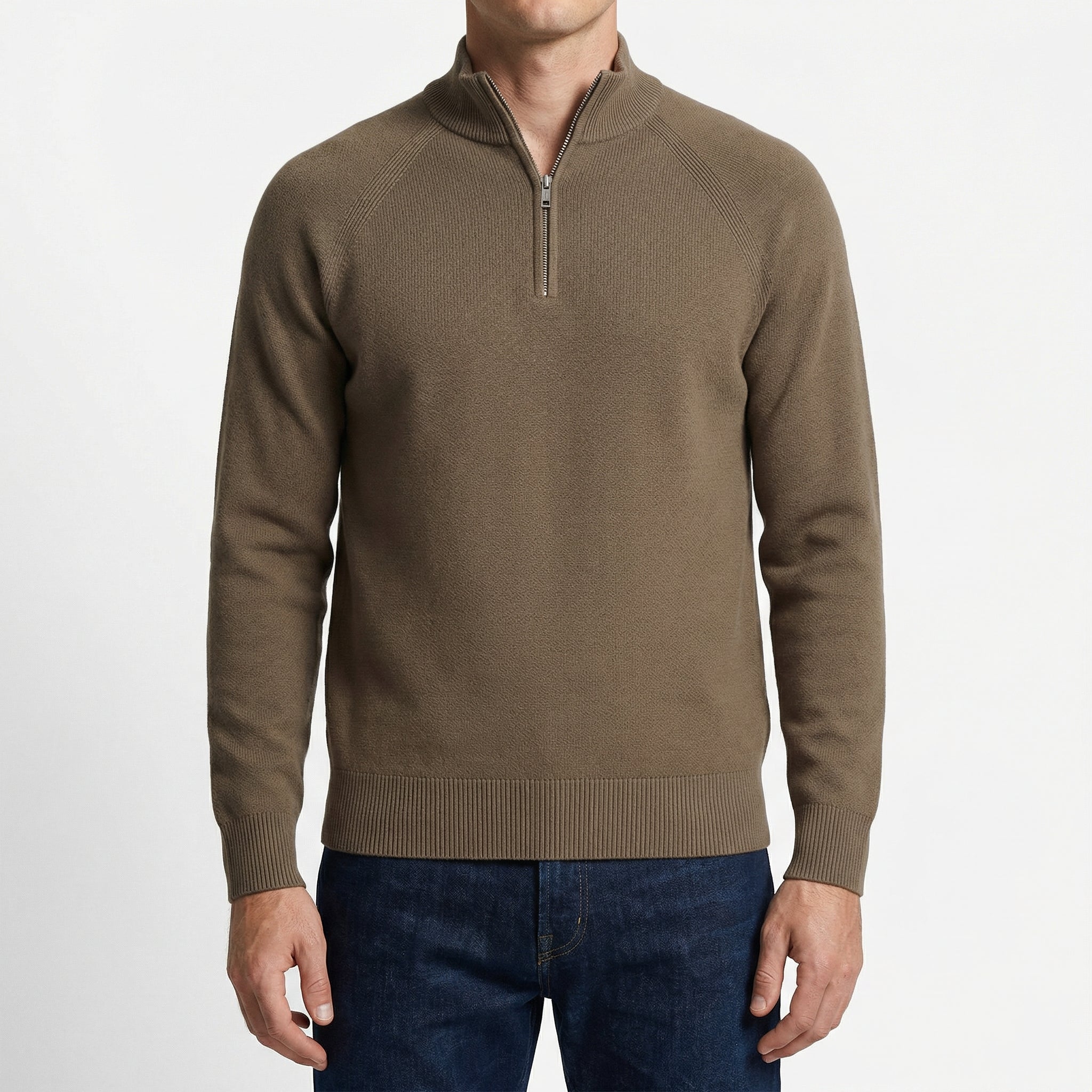 Men's Half-Zip Knit Sweater with Stand Collar – Taupe Brown