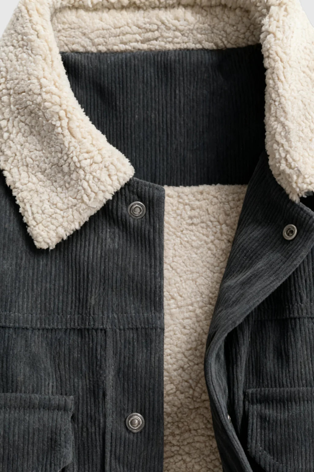 Men's Corduroy Jacket with Sherpa Collar and Snap Buttons - Dark Charcoal Gray