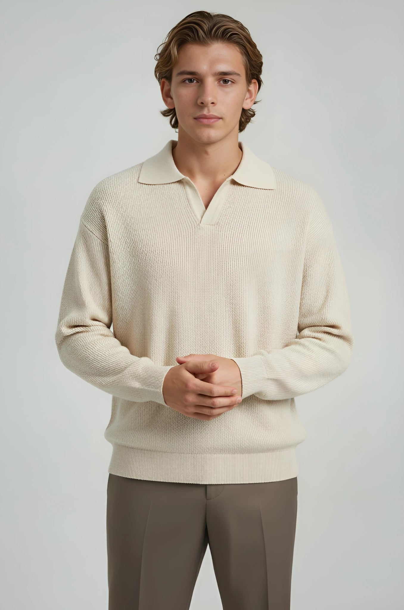 Men's Polo Knit Shirt with Long Sleeves and Collar – Cream – Regular Fit
