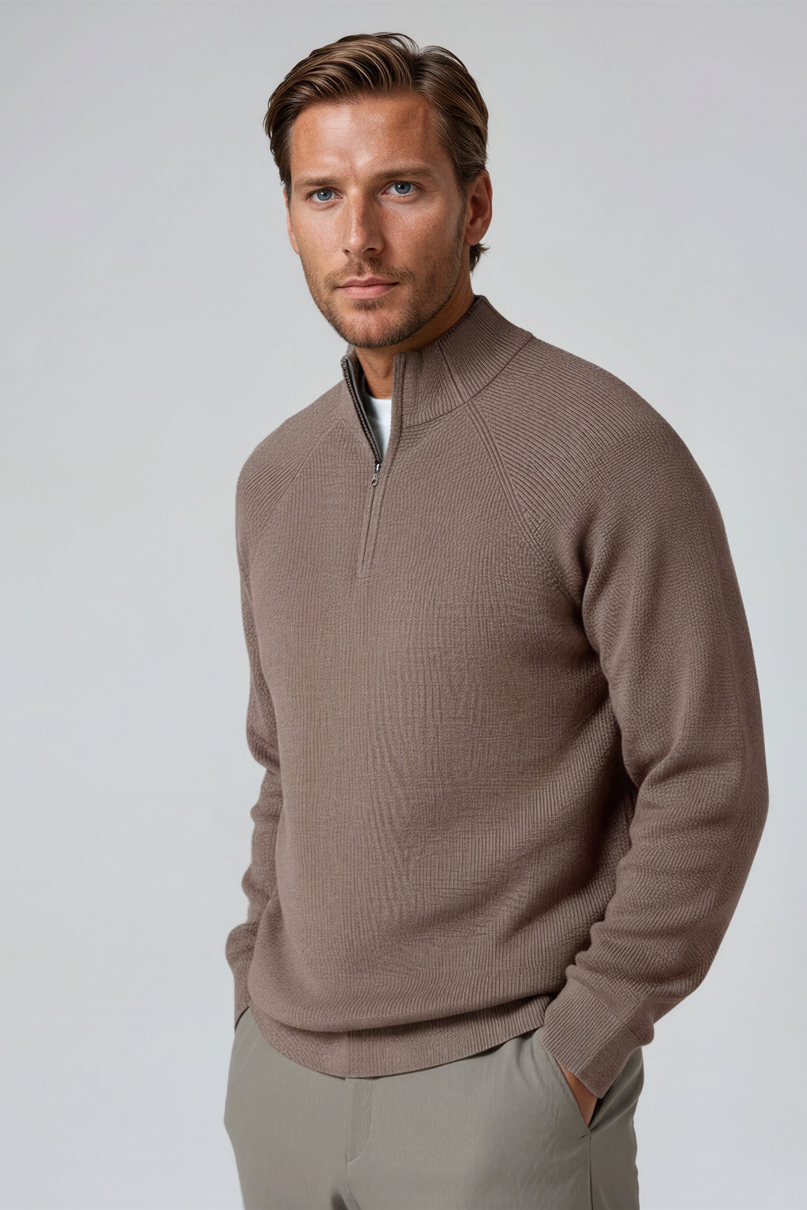 Men's Half-Zip Knit Sweater with Stand Collar – Taupe Brown