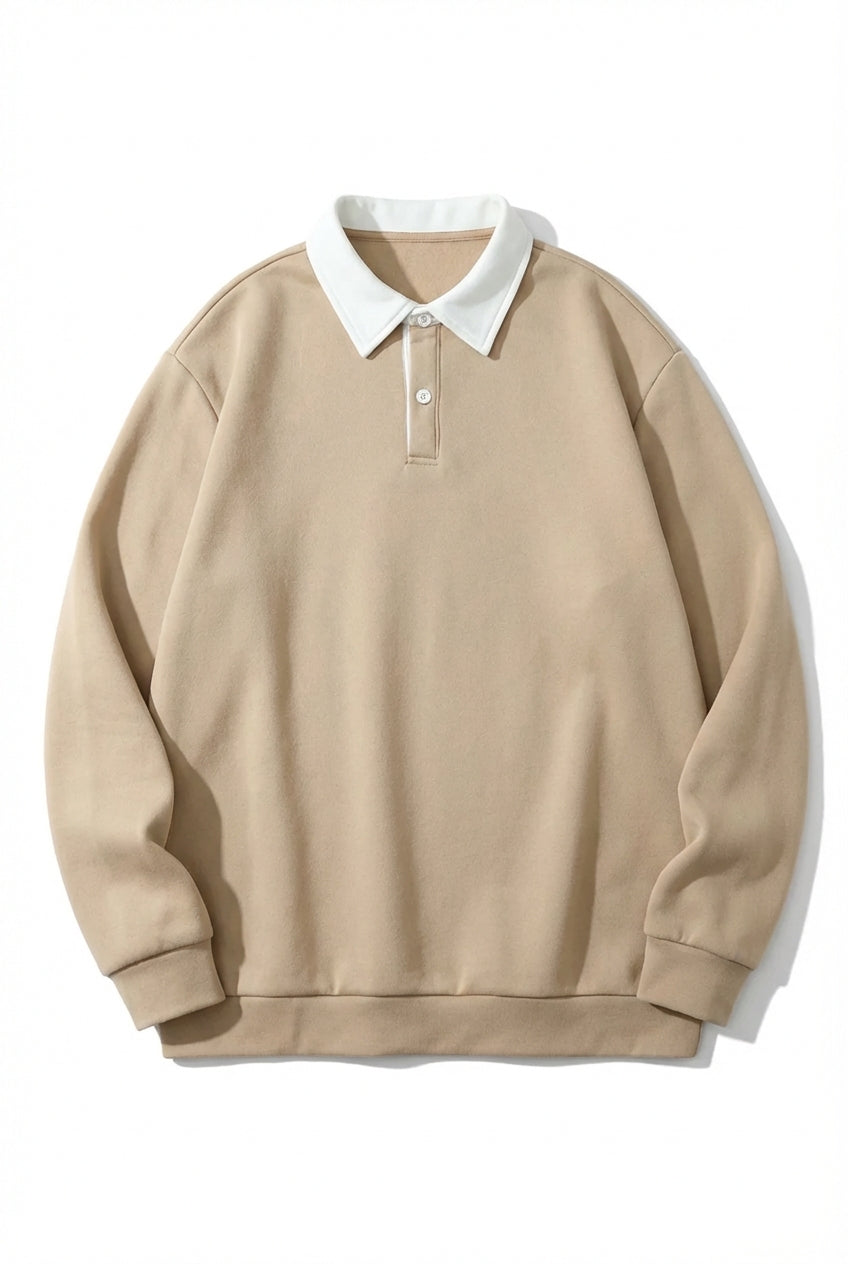 Men's Sweatshirt with Contrast Collar and Polo Neck – Beige