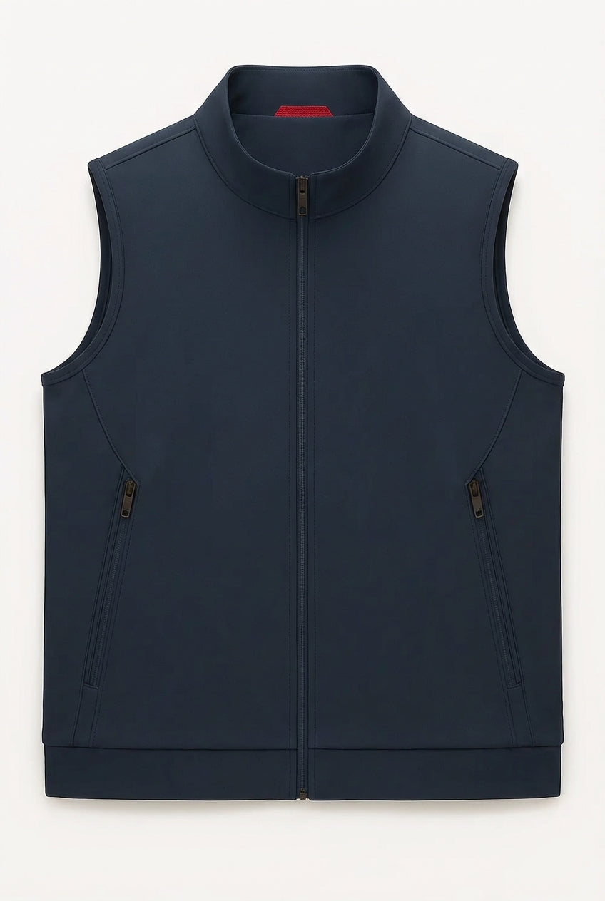 Casual Stand Collar Vest with Zipper – Navy Blue Cotton Blend
