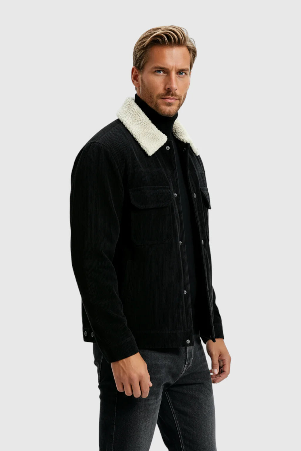 Men's Corduroy Jacket with Sherpa Collar and Snap Buttons - Black