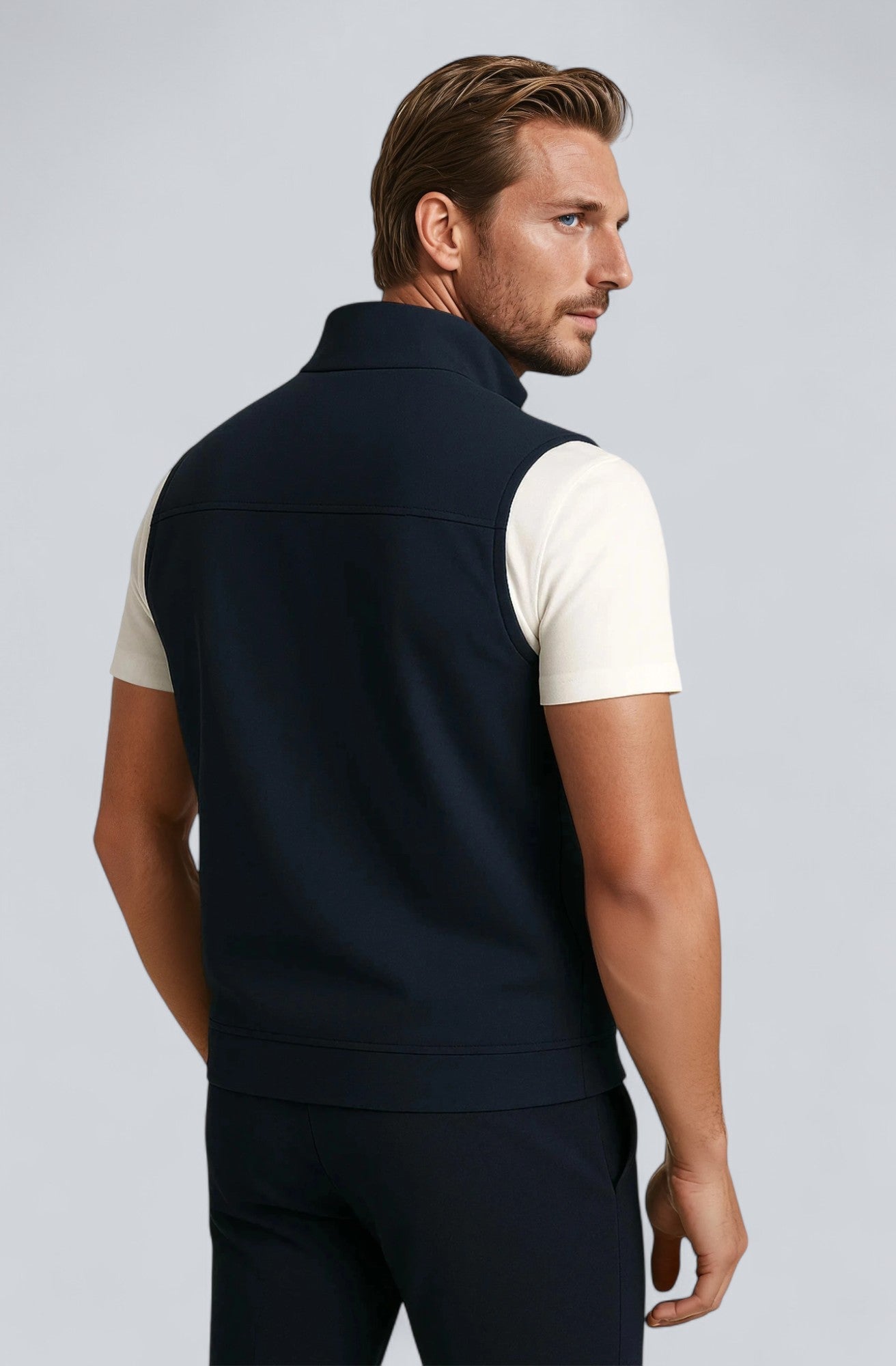 Casual Stand Collar Vest with Zipper – Navy Blue Cotton Blend