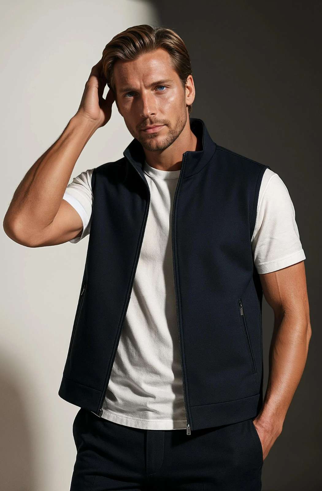 Casual Stand Collar Vest with Zipper – Navy Blue Cotton Blend