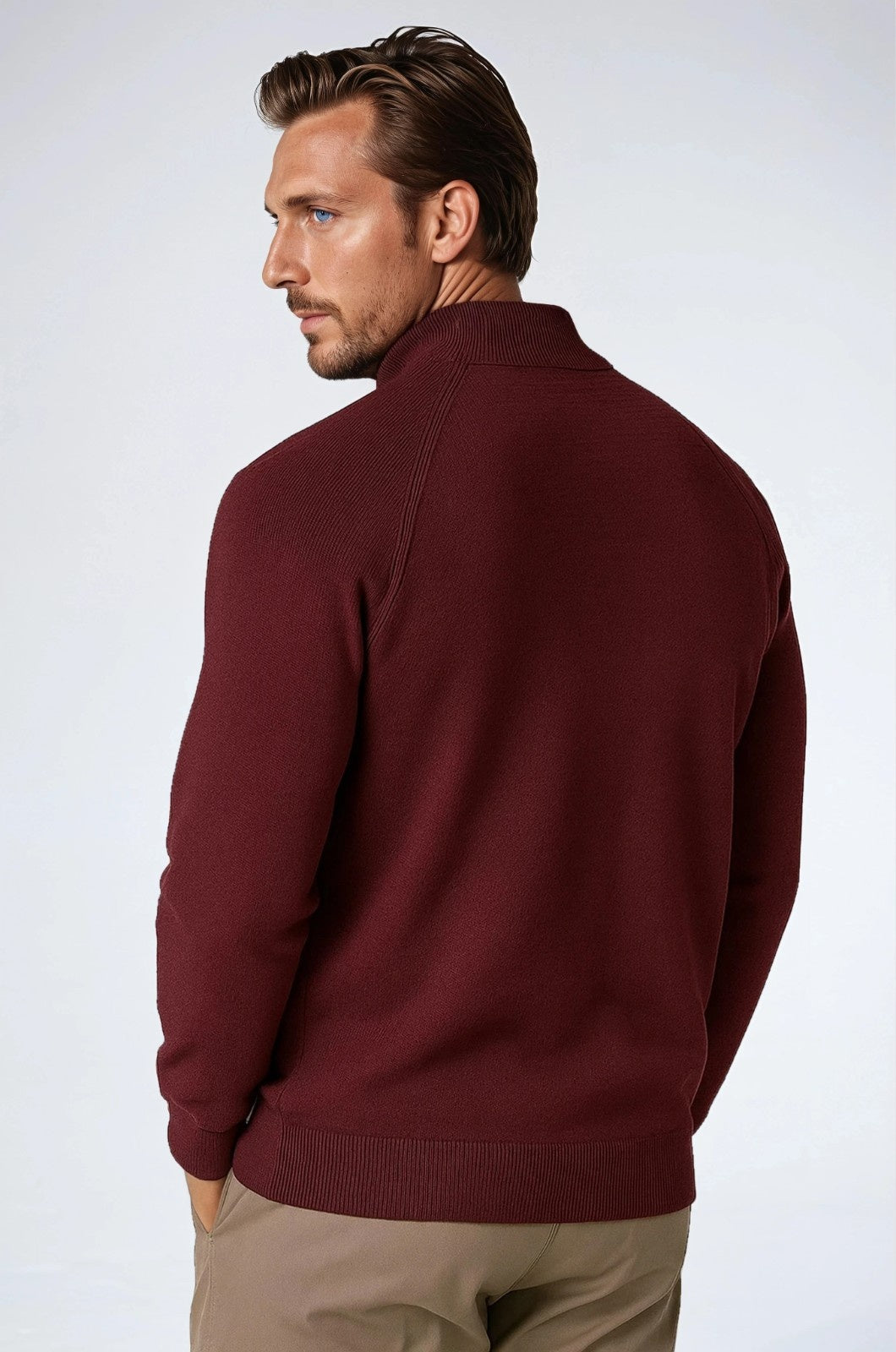 Men's Half-Zip Sweater with Stand-Up Collar – Burgundy
