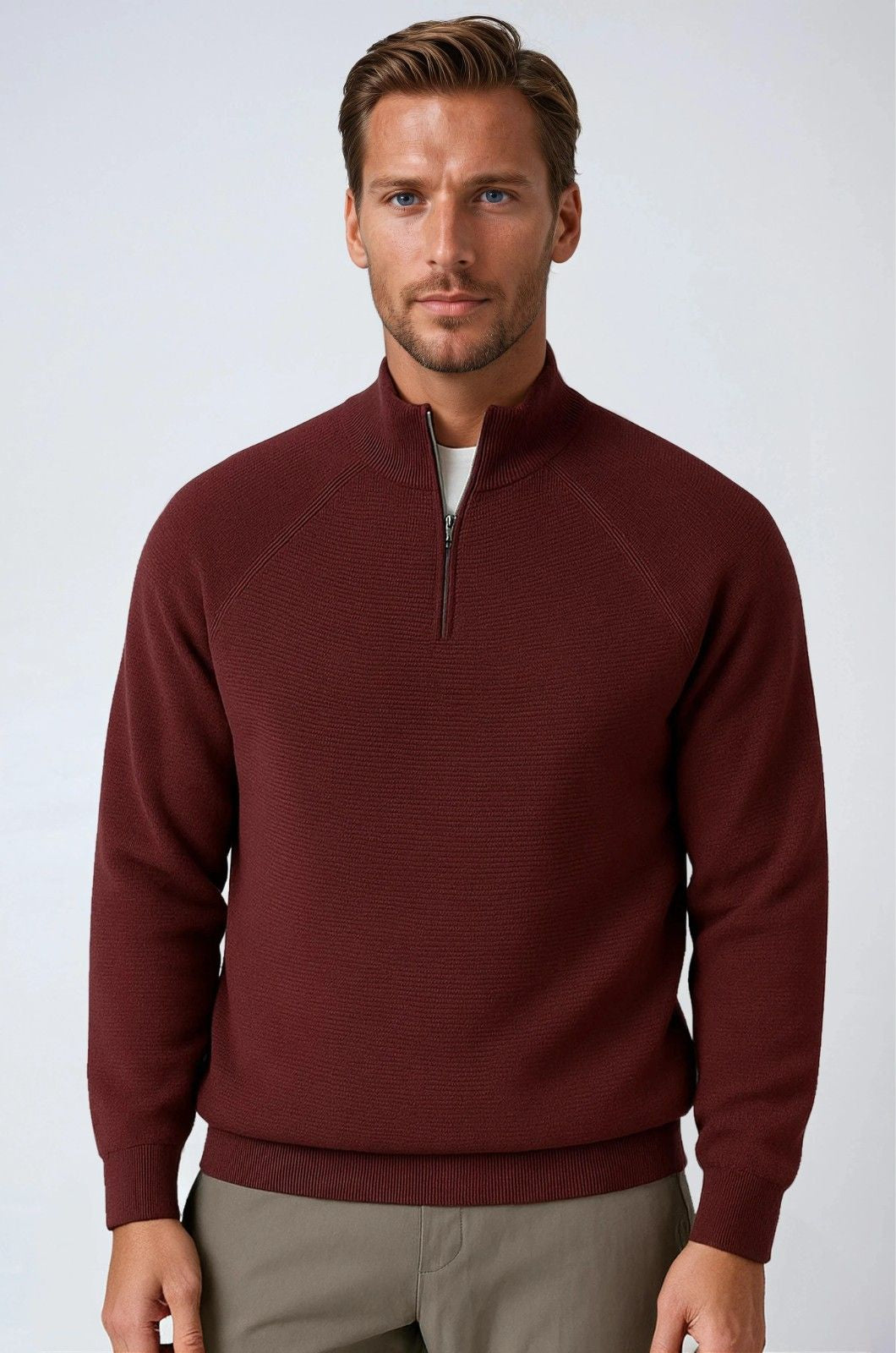Men's Half-Zip Sweater with Stand-Up Collar – Burgundy