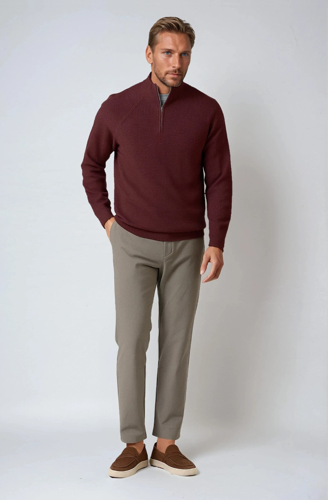Men's Half-Zip Sweater with Stand-Up Collar – Burgundy