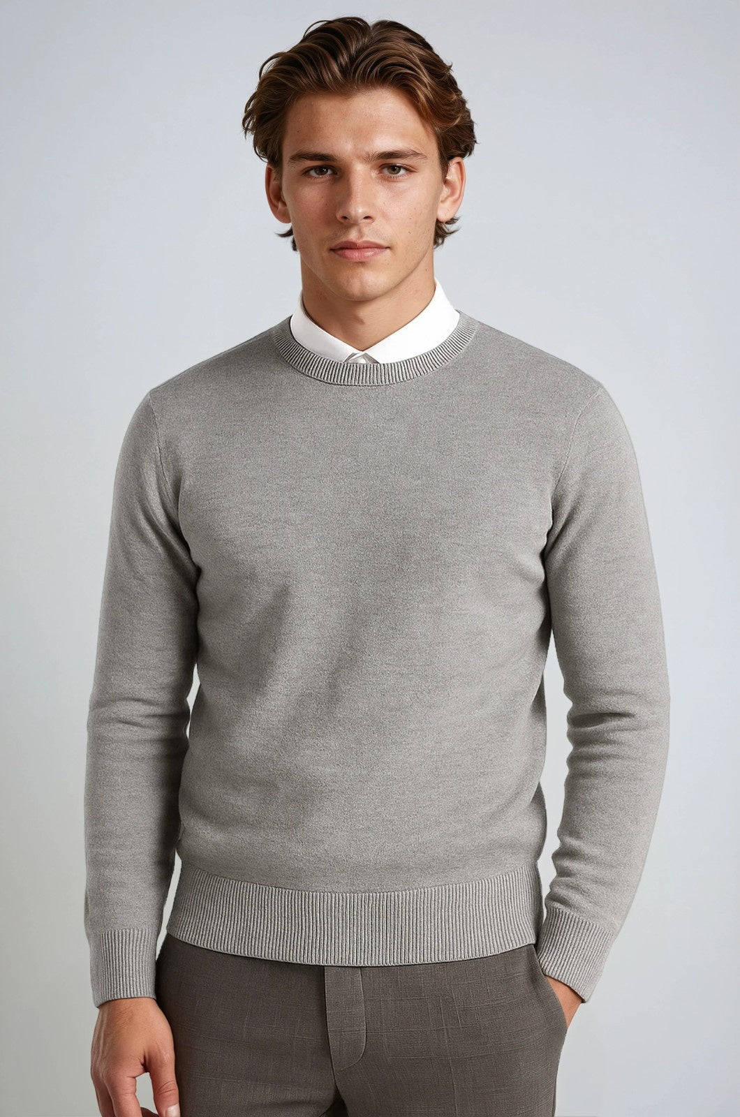 Men's Classic Crew Neck Pullover Sweater – Solid Color, Ribbed Details, Casual Fit – Gray