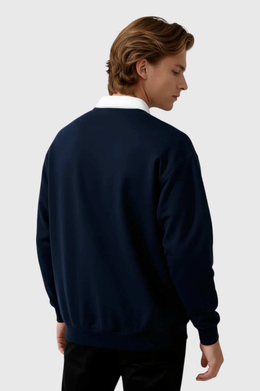 Men's Sweatshirt with Contrast Collar and Polo Neck – Dark Blue