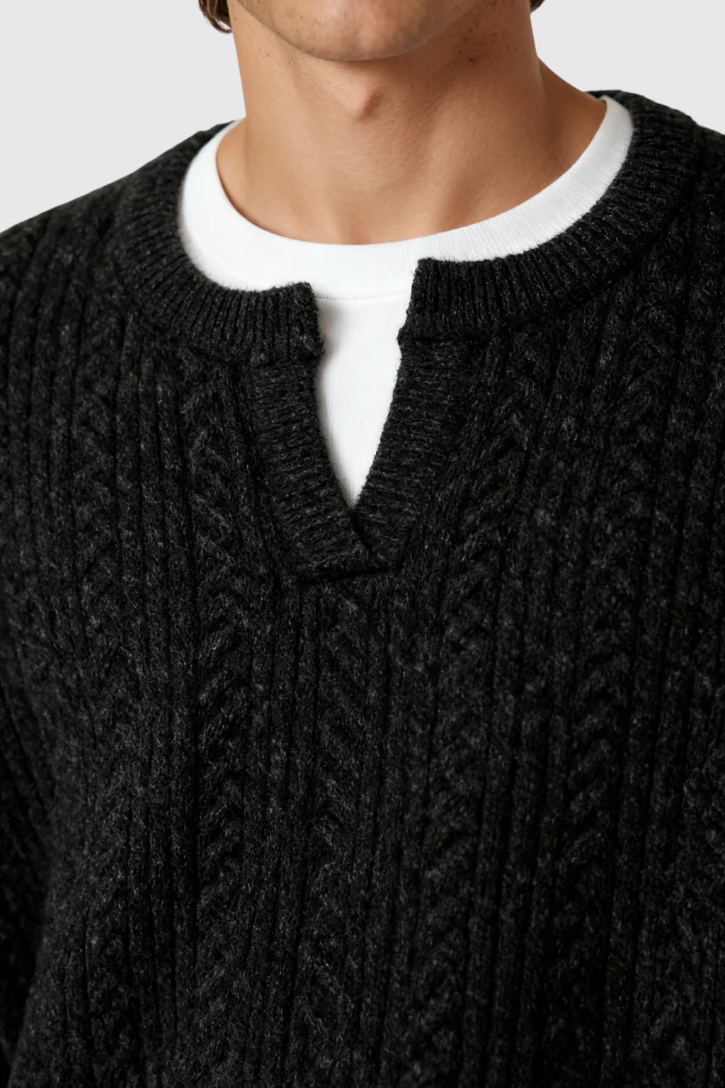 Men's Cable Knit Sweater with Small V-Neck – Graphite Black