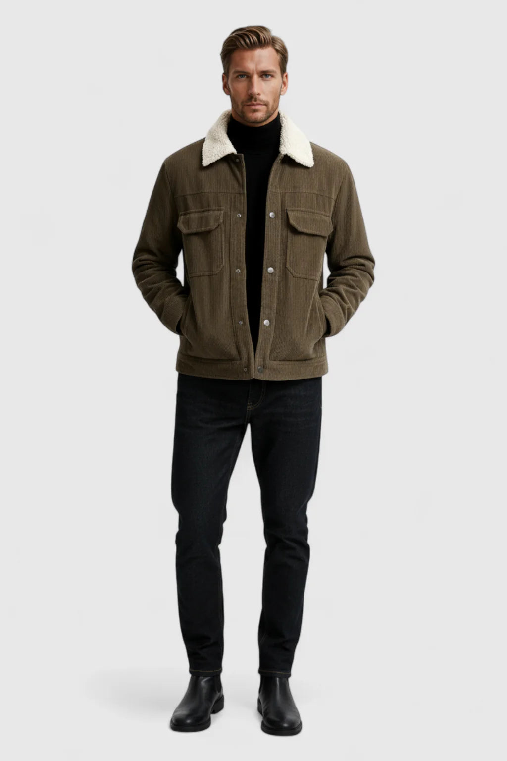 Men's Corduroy Jacket with Sherpa Collar and Snap Buttons - Coffee Brown