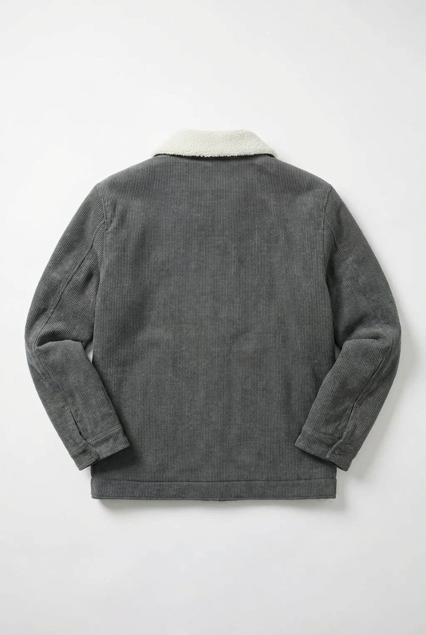 Men's Corduroy Jacket with Sherpa Collar and Snap Buttons - Dark Charcoal Gray