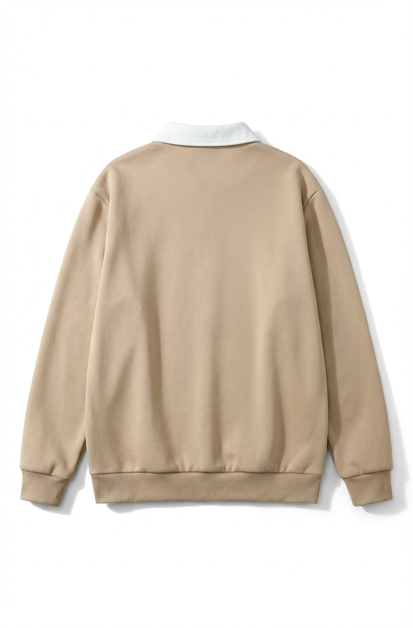 Men's Sweatshirt with Contrast Collar and Polo Neck – Beige