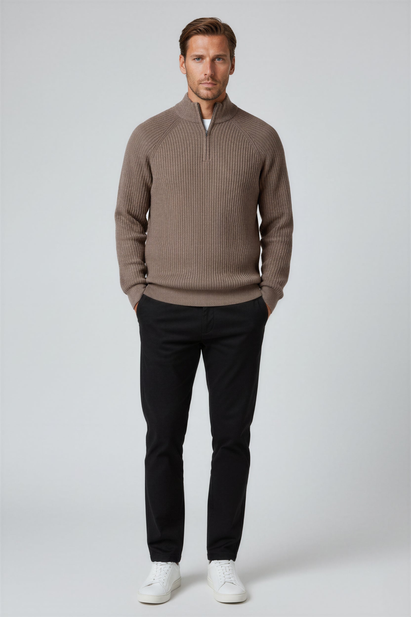 Men's Half-Zip Knit Sweater with Stand Collar – Taupe Brown