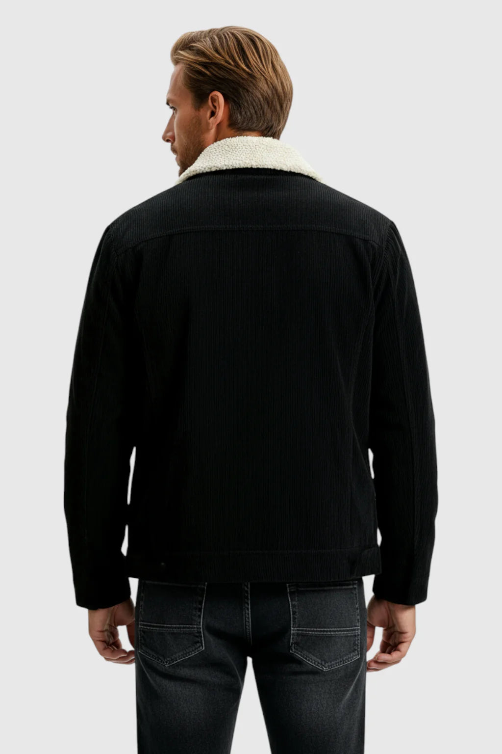 Men's Corduroy Jacket with Sherpa Collar and Snap Buttons - Black