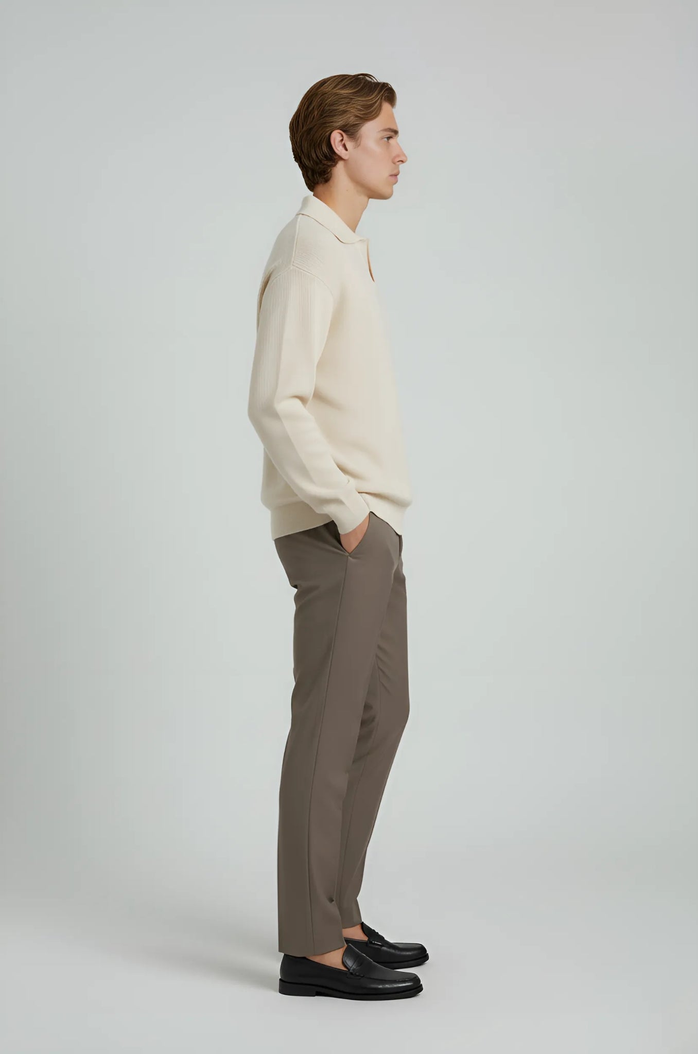 Men's Polo Knit Shirt with Long Sleeves and Collar – Cream – Regular Fit