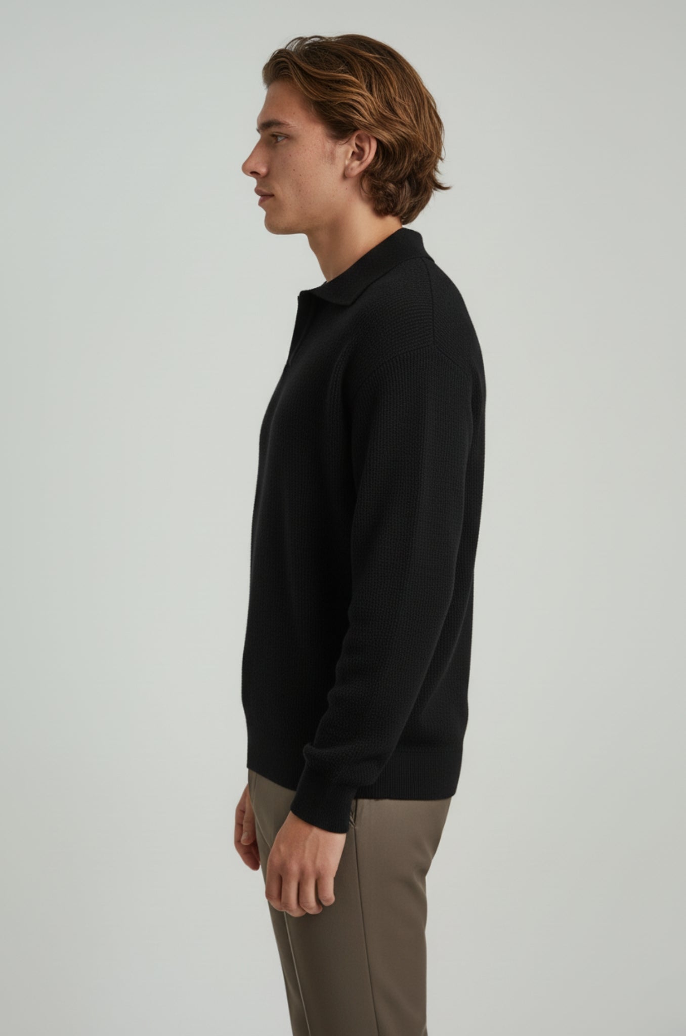 Men's knitted shirt with long sleeves and lapel collar – Black – Regular Fit