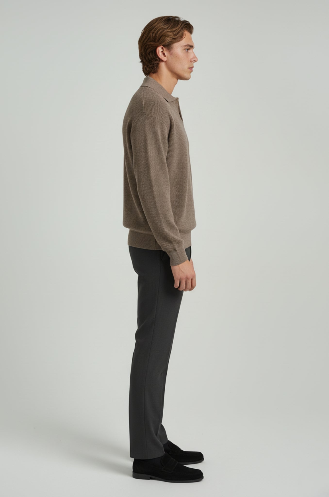 Men's Long Sleeve Knit Shirt with Lapel Collar – Taupe Brown – Regular Fit