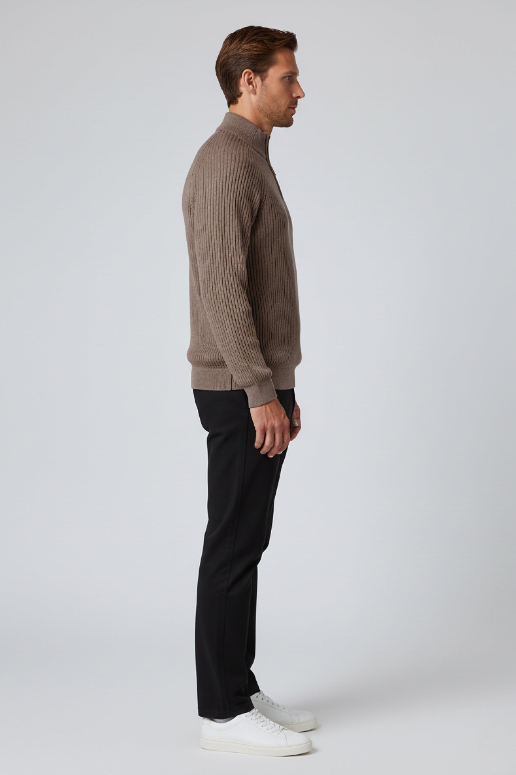 Men's Half-Zip Knit Sweater with Stand Collar – Taupe Brown