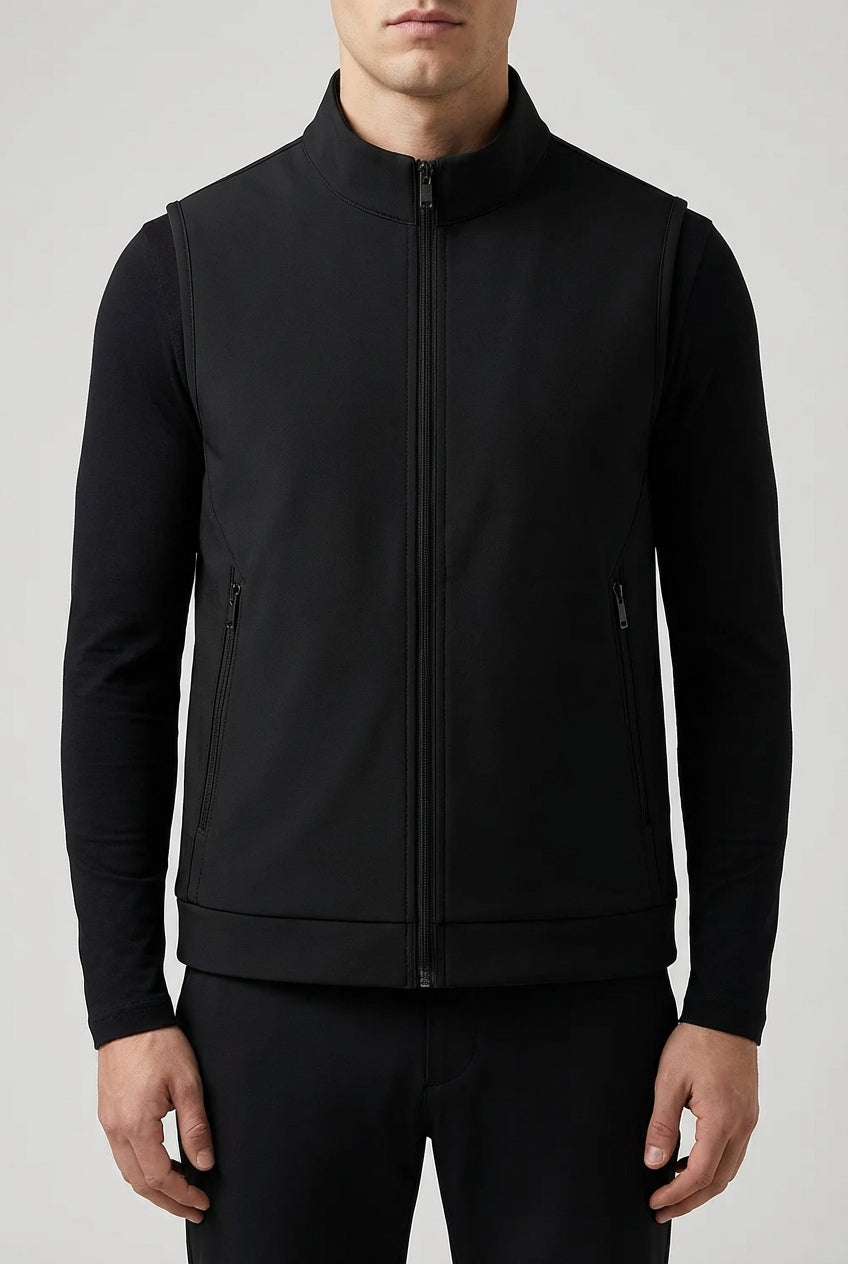 Casual Stand Collar Vest with Zipper – Black Cotton Blend